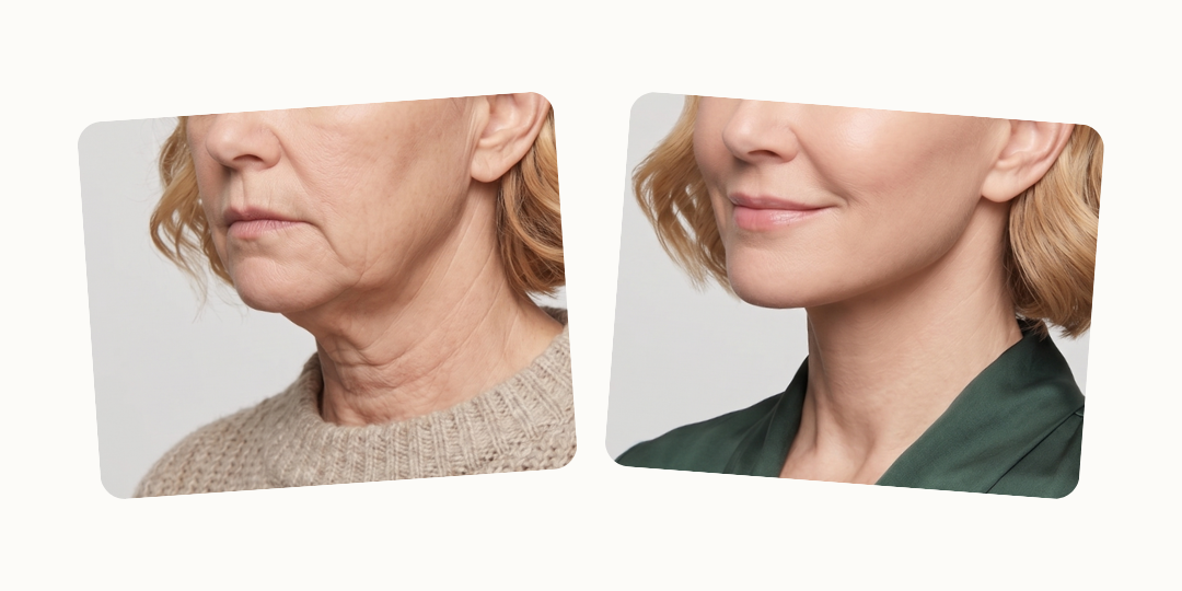 Before and after a Turkey Neck Rescue treatment showing tightened neck skin
